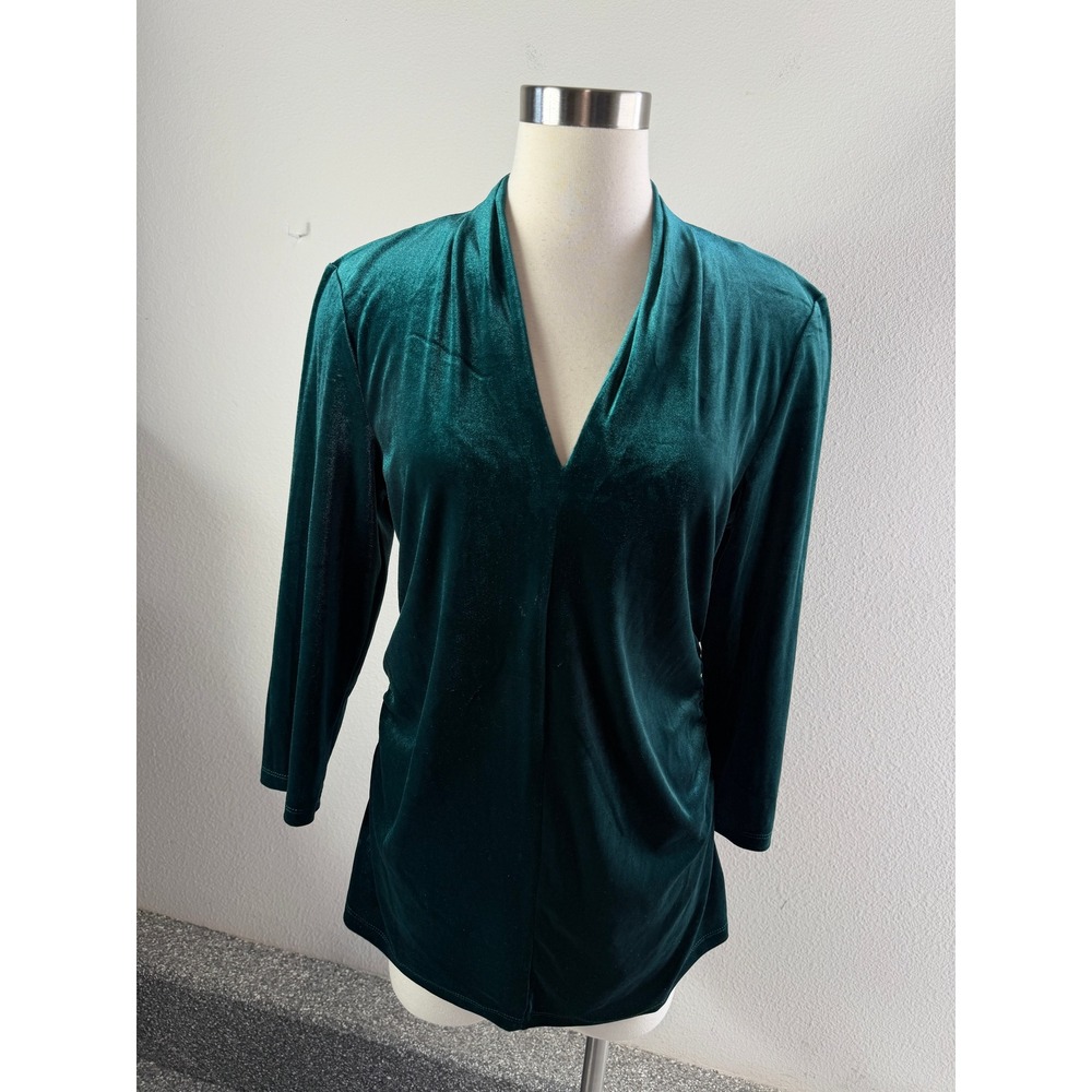 Vince Camuto Womens Large Emerald Green Velvet V Neck Ruched Tunic Top